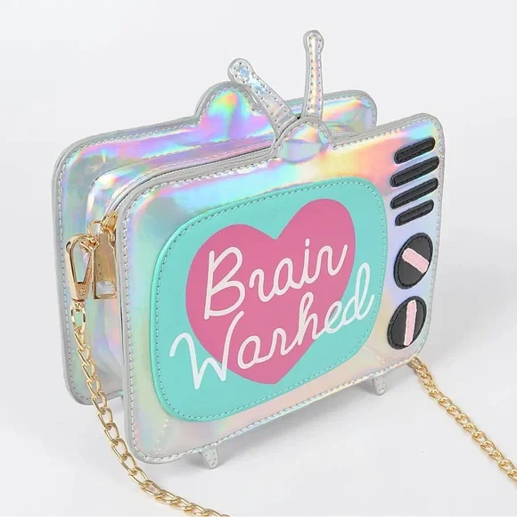 Holographic TV-Shaped Crossbody Bag with Brain Washed Text - Picture 2 of 3